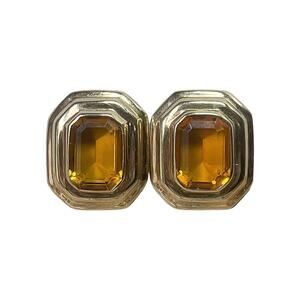 1980s Ribbed Gold Plate Yellow Crystal Retro Art Domed Geometric Clip Earrings